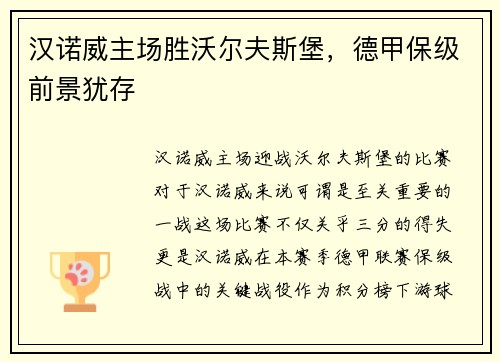 汉诺威主场胜沃尔夫斯堡，德甲保级前景犹存