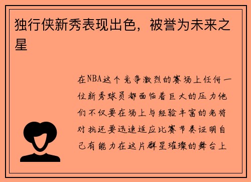独行侠新秀表现出色，被誉为未来之星