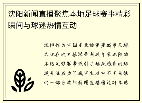 沈阳新闻直播聚焦本地足球赛事精彩瞬间与球迷热情互动